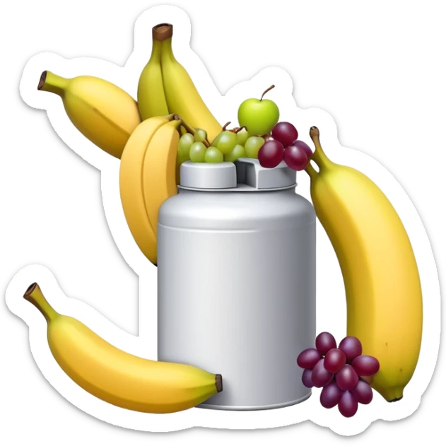 gasoline canister surrounded by a banana, an apple, and grapes, fuel can with fruits arranged around it sticker