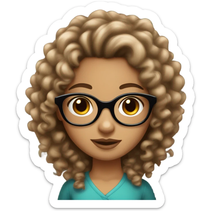 Curly brown haired girl bare volume in hair and brown eyes and leopard glasses sticker