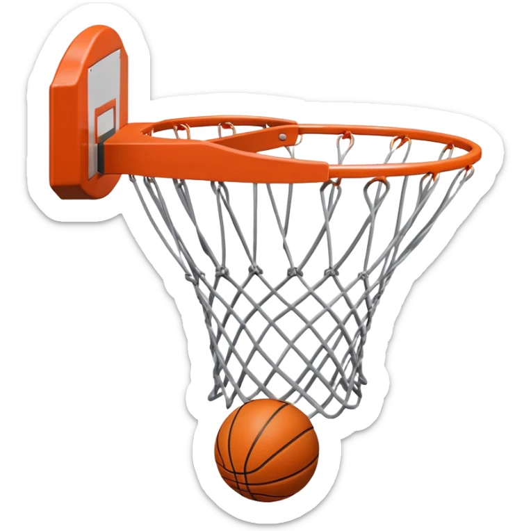 A close-up of a basketball shield and hoop with the ball swishing through the net, captured mid-air. The background emphasizes the tension and excitement of the moment, with the rim and net in sharp focus, showcasing the precision and skill of the sport. sticker