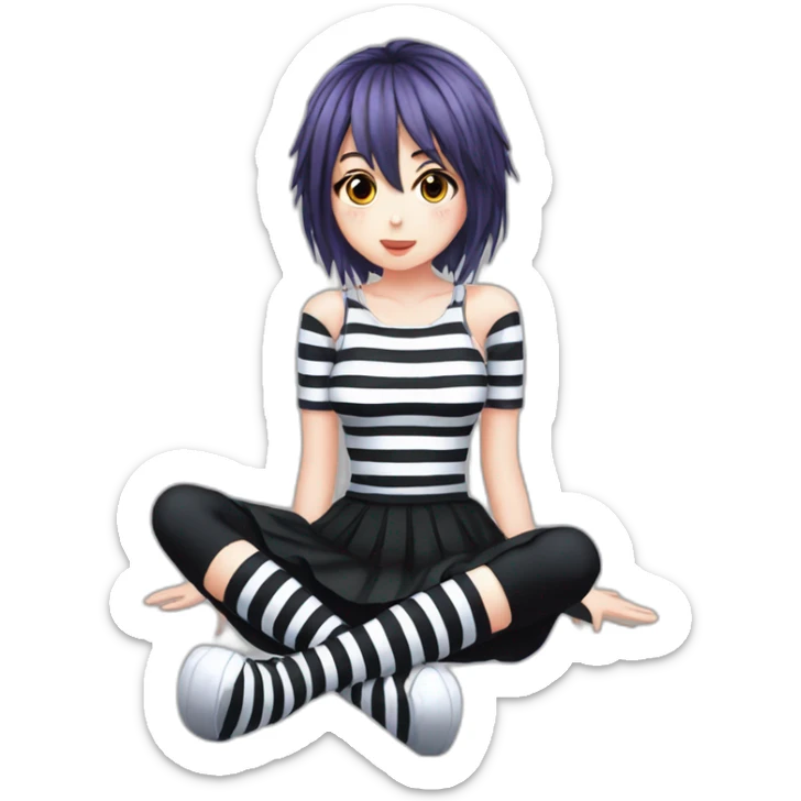 full body Front view emo girl sits on the floor black skirt torn striped stockings sticker