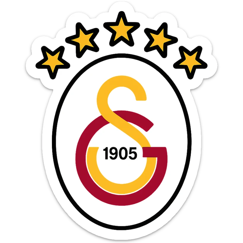 Galatasaray emblem with 5 stars on top, yellow and red tones, modern logo style, no background sticker
