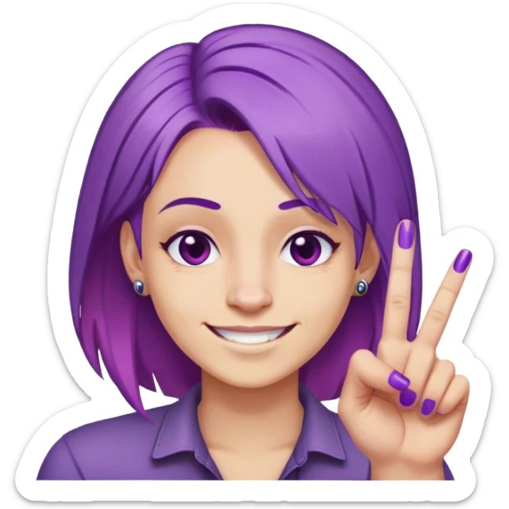 Grinned face, titled left, purple hair, middle fingers with fingernails painting sticker