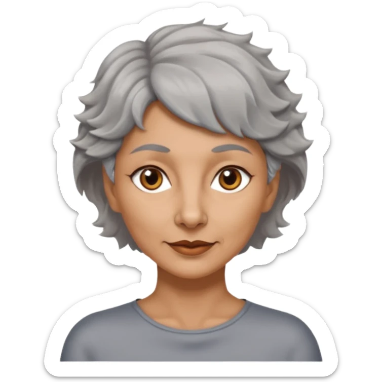 woman 50 years old, tanned skin, very short grey wavy wolf cut hair, brown eyes sticker