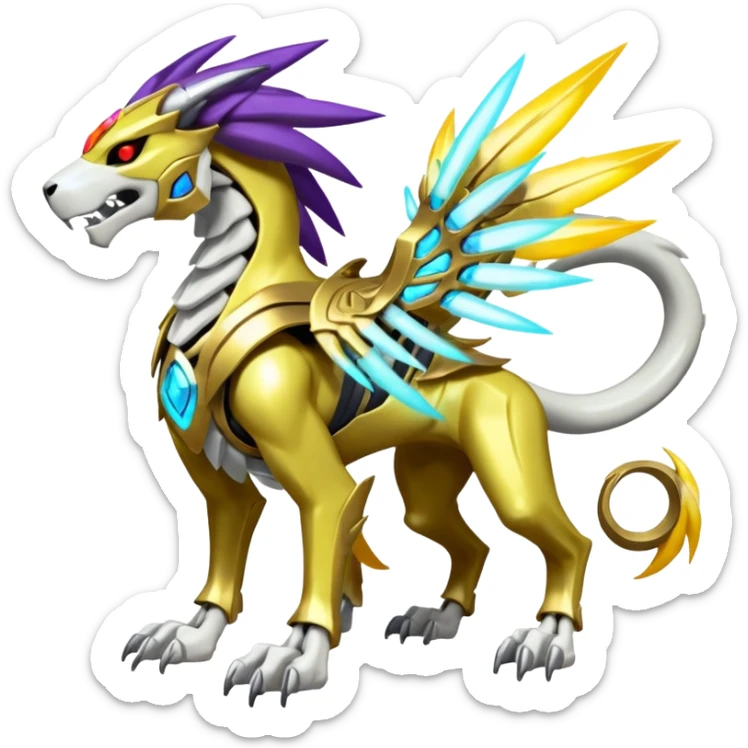 Colorful Skeletal masked armored Solgaleo-Raikou-Pokémon-Digimon-Fakémon-fusion-hybrid-creature, full body sticker