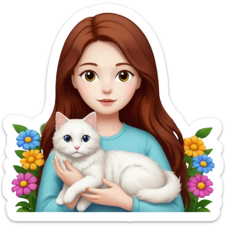 A woman with long dark auburn hair holding a white ragdoll cat in the garden of flowers sticker