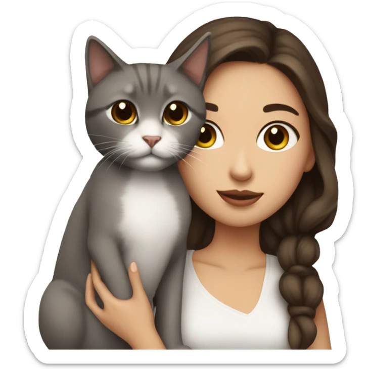 o woman with brown hair, dark brown eyes wear a white crop hold a grey cat and kiss it sticker