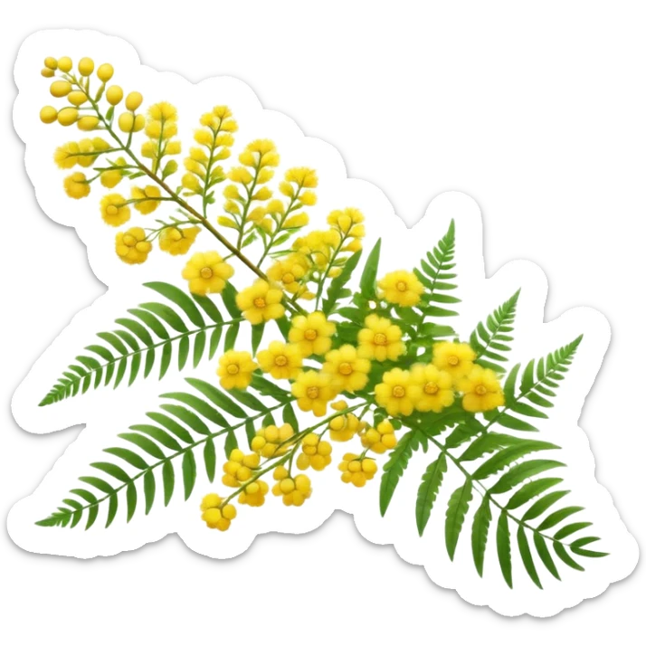 Cinematic Realistic Acacia Emoji, Bright and cheerful, with clusters of fluffy yellow flowers blooming along delicate branches. The wattle’s soft, fern-like leaves sway in the breeze, radiating a sense of warmth and joy. Soft glowing outline, capturing the essence of Australian sunshine, warmth, and beauty in a vibrant acacia tree! sticker