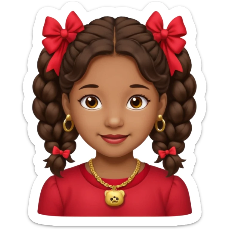 Brownskin girl dark brown hair fluffy. pigtails with red bows brown eyes smiling closed mouth red shirt gold esrrings gold necklace sticker