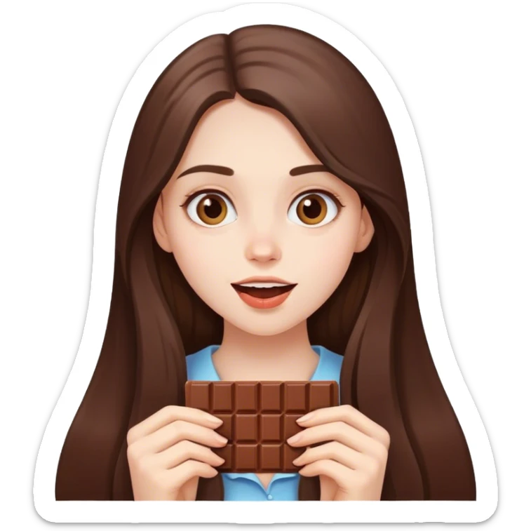 beautiful pale brunette girl with long hair eating a bar of chocolate  sticker