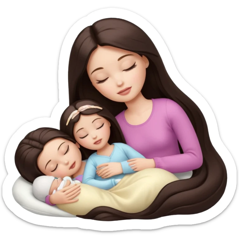 White Barbie girl dark brown long straight hair sleeping with white baby at cream bed sticker