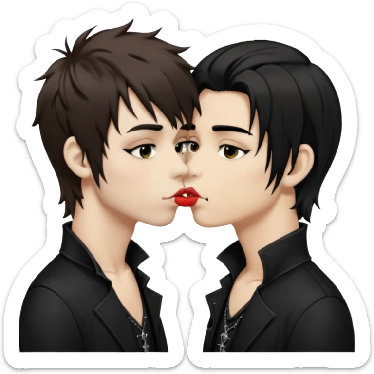 Goth Boys, one goth boy pale with shaggy brown hair and makeup, the other a goth boy tan with long black hair, kissing sticker