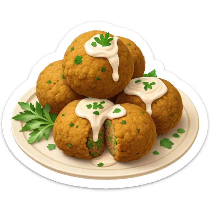 Cinematic Realistic Falafel Dish Emoji, depicted as crispy, golden falafel balls served with tahini sauce rendered with lifelike textures and vibrant, appetizing lighting. sticker