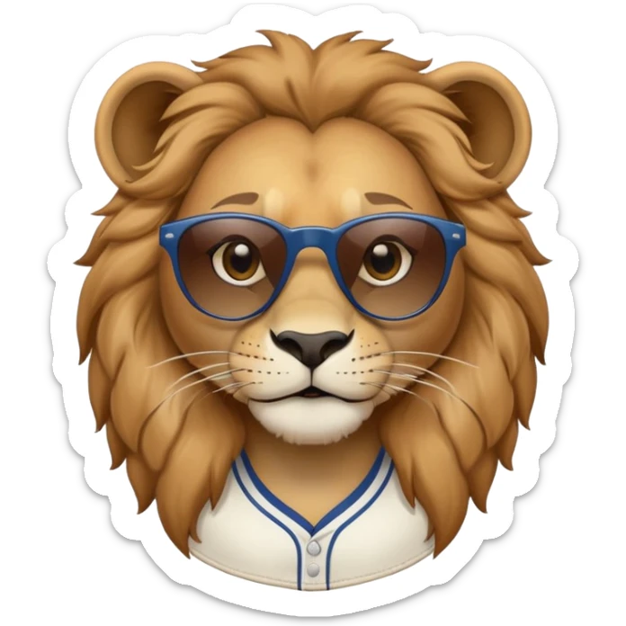 head and shoulders close-crop of a friendly anthropomorphised female lion wearing a baseball shirt and dark sunglasses sticker