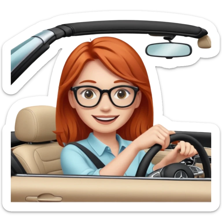Red head girl smile with glasses driving fast in a Mercedes convertible sticker