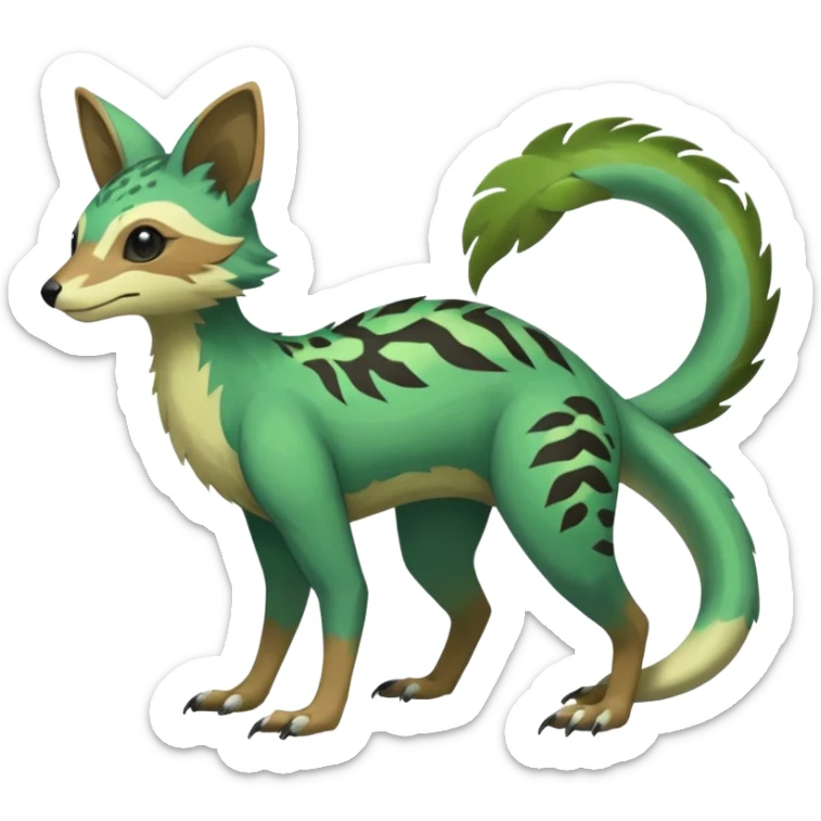  Greenish beautiful handsome gorgeous aesthetic colorful vibrant Vernid-Trico-species-Fakemon-creature by LiLaiRa, 4 legs, 1 tail, random markings, (full body) sticker