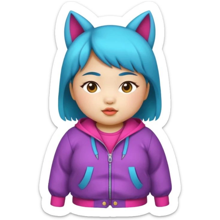 chubby Asian girl, wolf cut, baby face, age 15, colorful funky outfit sticker