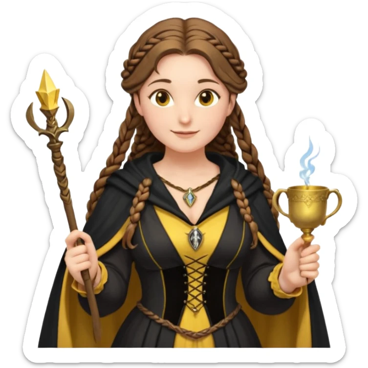 Helga Hufflepuff, brown-haired, 2 long brown braids, yellow-black medieval dress, deep neckline, black cloak decorated with gold braiding, small magic wand made of wood, tiny two-handled shiny yellow-gold cup, very kind smile, curvy busty sweet woman, macromastia, thick round rosy cheeks sticker