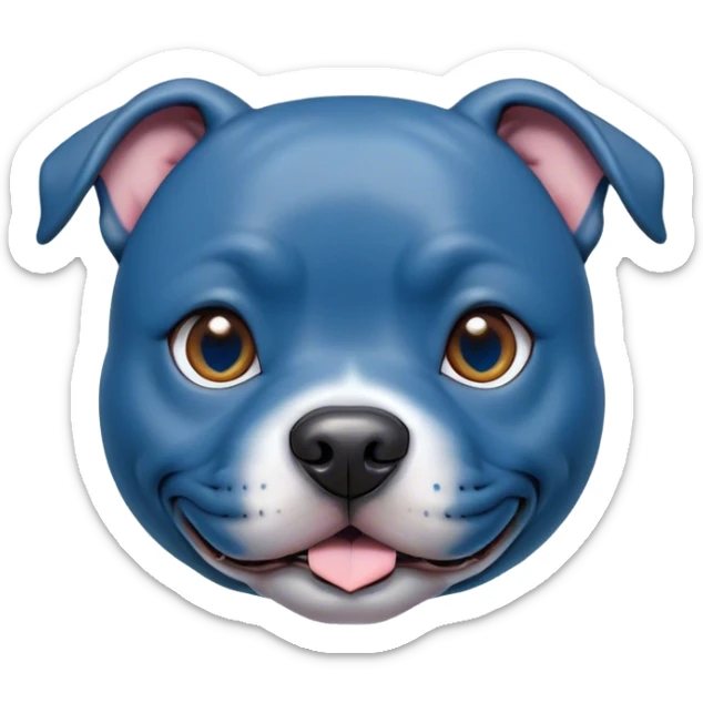 Cinematic Cute Blue Staffordshire Bull Terrier Portrait Emoji, Head tilted playfully and inquisitively, featuring a glossy blue Fur with a healthy sheen, round, sparkling dark eyes filled with curiosity, Simplified yet irresistibly adorable features, highly detailed, glowing with a warm, friendly glow, high shine, affectionate and spirited, stylized with a touch of whimsy, bright and endearing, soft glowing outline, capturing the essence of a mischievous yet loving pup, so playful it feels like it could bound out of the screen and into your arms! sticker