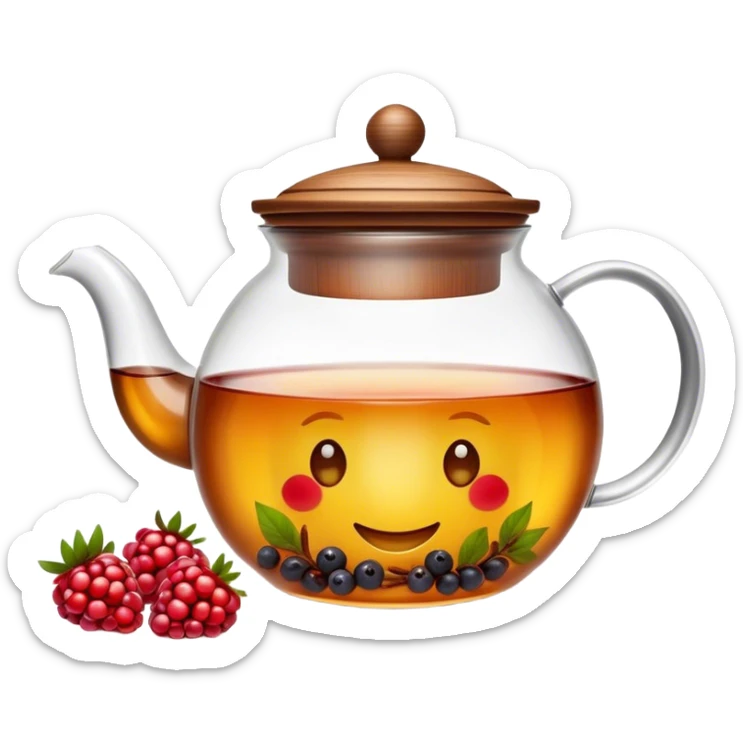 A cinematic realistic emoji with an attractive image of a transparent teapot with a realistic wooden lid filled with tea with berries, rich texture and warm, festive lighting. sticker