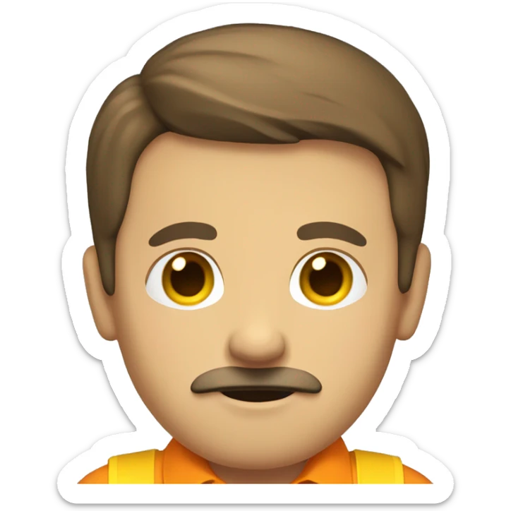 A male with brown short hair, British skin, a brown moustache, wearing an orange shirt and a large yellow tie. sticker