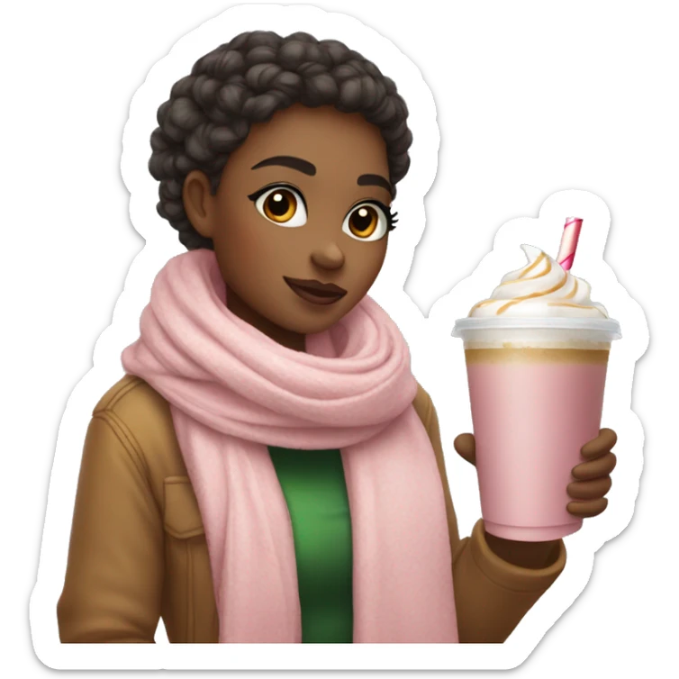 A girl with a cute pink scarf drinking an iced latte with Christmas vibes  sticker