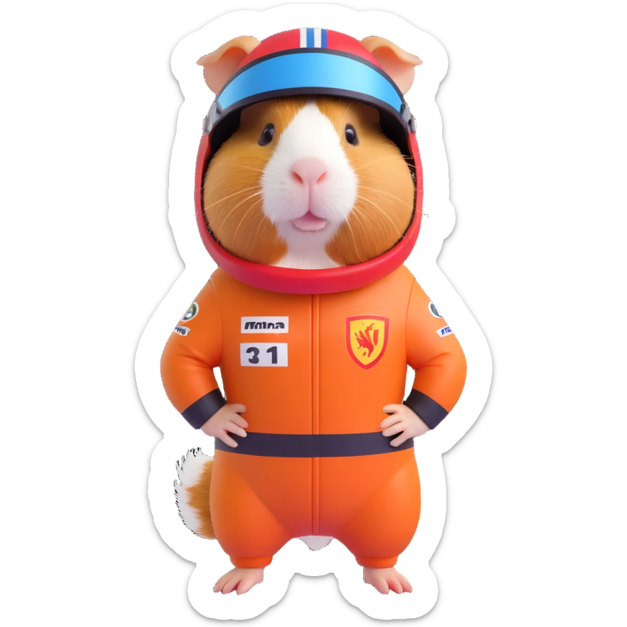 full-body guinea pig wearing a detailed, cute Formula 1 racing suit and helmet, standing pose sticker