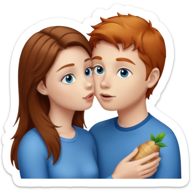 Girl with straight brown hair kissing ginger boy. Both have blue eyes  sticker