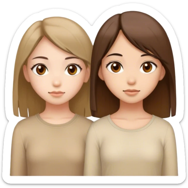 two girls with the same colour of hair - brown, the same length of hair - middle, the same type of hair - straight, the first girl with fair complexion, the second with oriental complexion, the same colour of eyes - hazel. they wear the same beige tops.  sticker