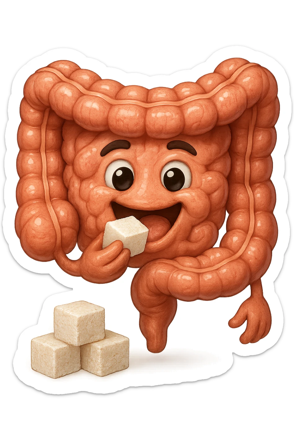 emoji stile iphone di un intestino anatomico che mangia zollette di zucchero, iperrealistico 4k, isolato su sfondo bianco sticker