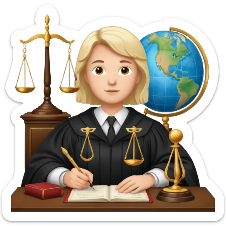 Create emojis representing:

A lawyer (legal profession symbol)

Scales of justice

Pen and paper (court documentation)

Globe (international cases)

Shield (rights protection)

Document (court ruling)

Speech bubble (negotiations/discussions)

Figure in judge's robe sticker