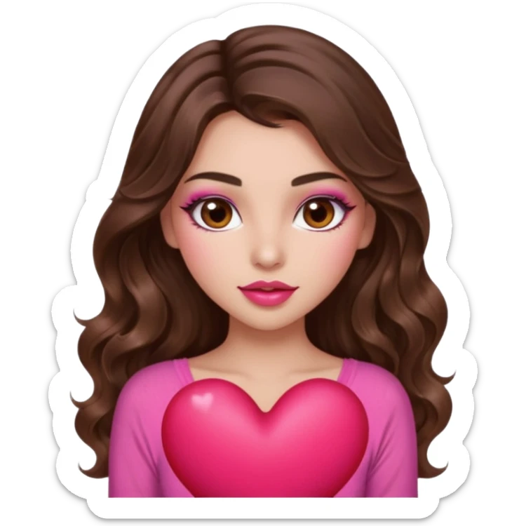 girl with long wavy brown hair, brown eyes, long lashes makeup, sexy pink lips, light to medium complexion, wearing a pink sexy top, squeezing a big heart sticker