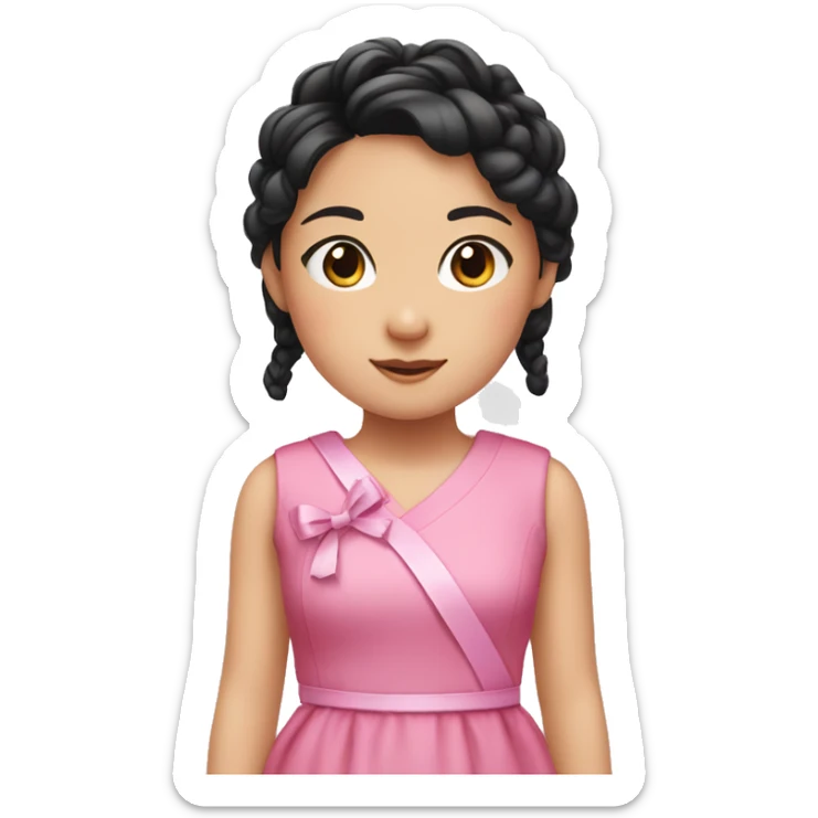 a little asian girl with braid black hair, using pink cute dress and ribbon sticker
