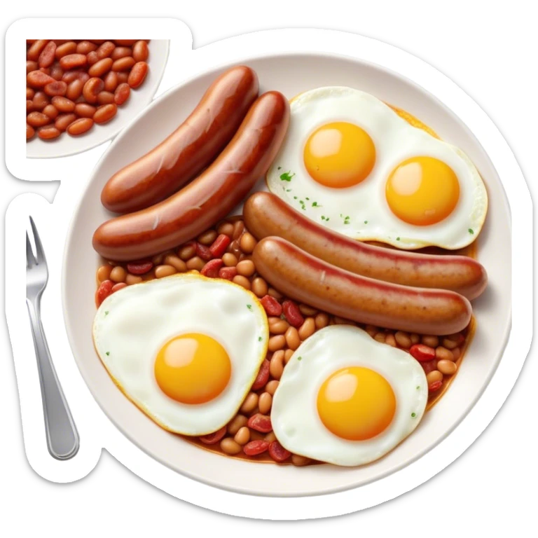 Cinematic Realistic English Breakfast Dish Emoji, showcasing a hearty ensemble of eggs, bacon, sausages, baked beans, and grilled tomatoes rendered with lifelike texture and vibrant, appetizing detail that exudes comforting tradition. sticker