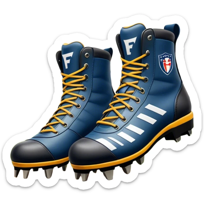 Cinematic Realistic image of a pair of AFL boots, showcasing detailed leather stitching and a rugged sole with fine cleat impressions, captured against a blurred stadium background with high-energy, dynamic lighting sticker