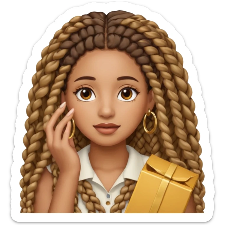 Latina with gold hoop earrings and long curly brown box braids and a hand over her face  sticker