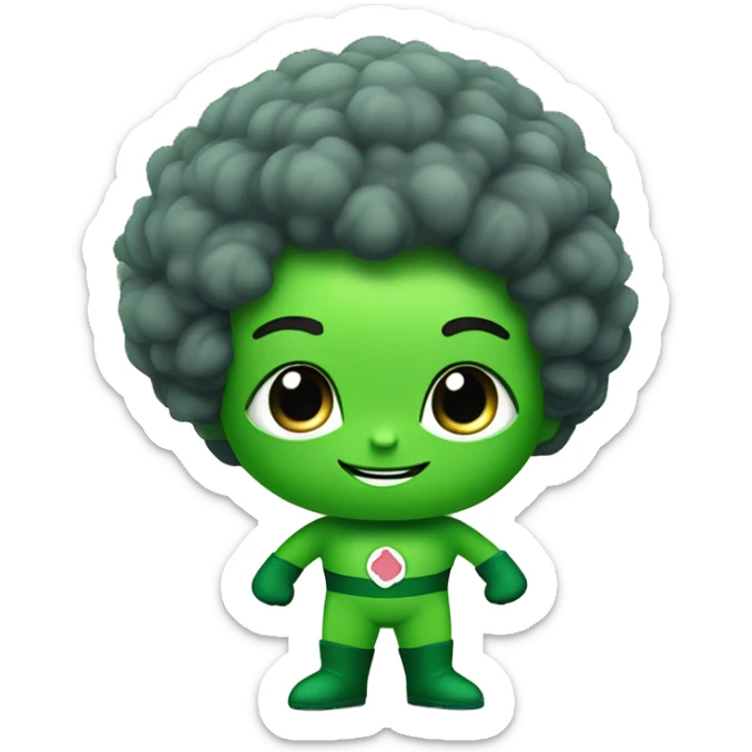 cute mini superhero with green clothes and a broccoli as hair,  full body saying hello sticker