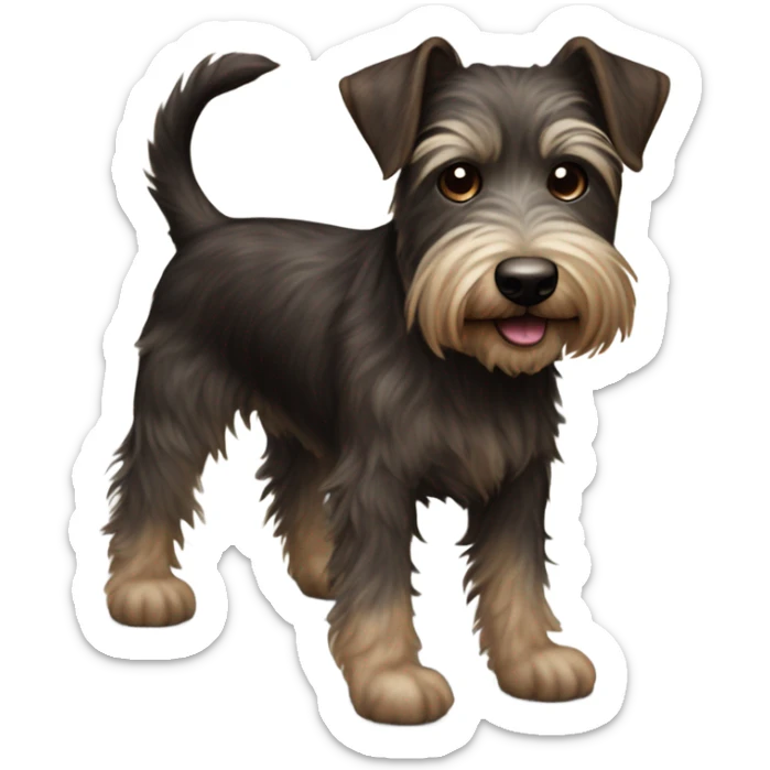 a dark brown haired brindle color with white under belly hair and one white paw terrier with crazy hair and long chin hair name Bon Jovi sticker