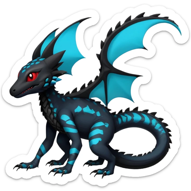 Rare realistic exotic edgy dark gothic gloomy spooky black and red/blue/cyan epic pretty beautiful handsome gorgeous aesthetic colorful vibrant Vernid-Trico-species-Fakemon-Salandit-hybrid-creature by LiLaiRa, 4 legs, 1 tail, random markings, (full body) sticker