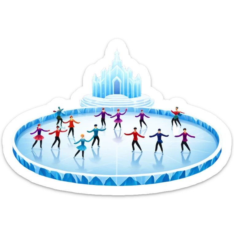 An icon of a theatrical ice show with close-up costumed figure skaters performing a dramatic scene on a glowing ice stage. Spotlights, colorful scenery, and a cheering audience in a grand arena convey the magic and artistry of the ice performance. Transparent background included. sticker