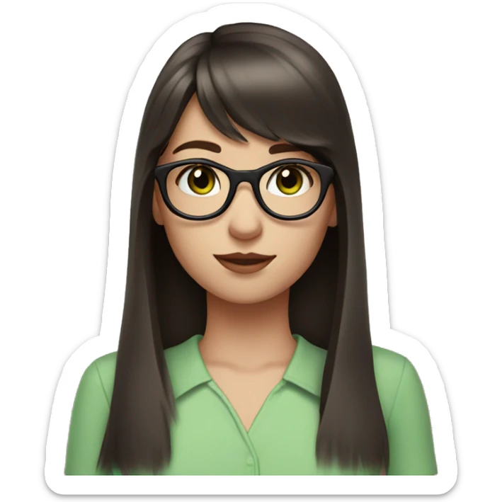 Girl with long dark brown hair and bangs and black glasses pale skin pink shirt green eyes sticker