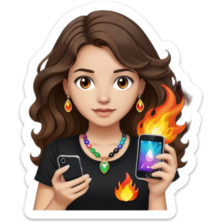 brunette girl with wavy medium length hair, brown eyes, light/medium skin tone, holding iPhone and light phone, wearing black tee shirt with flames on it and colorful beaded charm necklace sticker