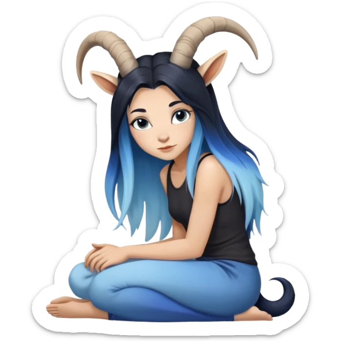 Art of a human white woman's very perfect body scheme anatomy-very long straight black to blue hair ombre-small goat horns-lean back-on knees sticker