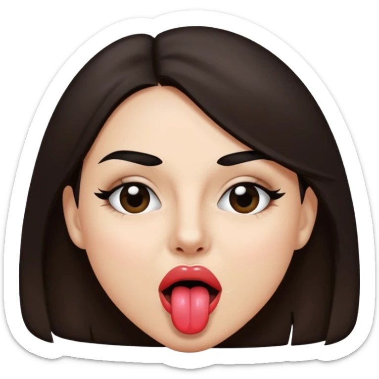woman with dark brown hair wearing black band over eyes with tongue out sticker