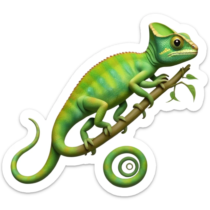 cinematic-chameleon-realistic-full-body-climbing-emoji,-slender-body-gripping-a-twisting-vine-with-prehensile-feet,-scaly-green-skin-shifting-shades-with-its-environment,-large-bulging-eyes-rotating-independently,-delicate-coiled-tail-curling-behind,-long-tongue-slightly-protruding-as-if-ready-to-strike,-simplified-yet-realistic-focused-features,-highly-detailed,-glowing-with-an-ethereal-forest-light sticker