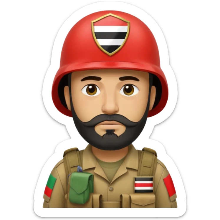 A tired, swarthy Iraqi soldier with a beard, an Iraqi flag on his helmet, a sad expression and bags under his eyes sticker