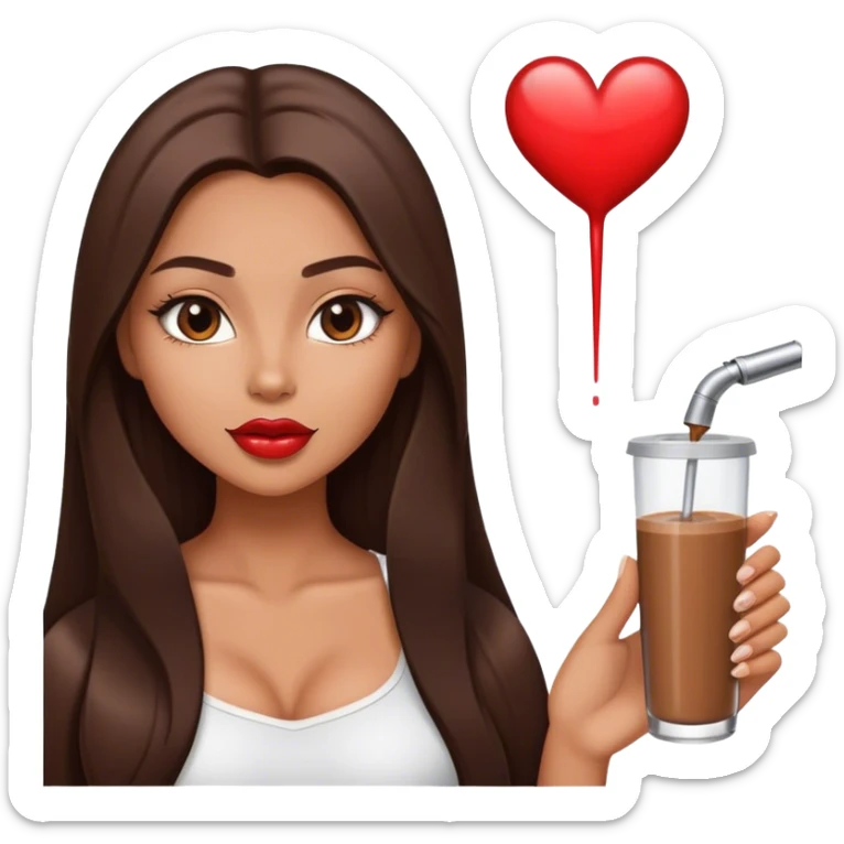 tanned beautiful girl with pump mocha lips and brunette straight long hair showing heart sticker