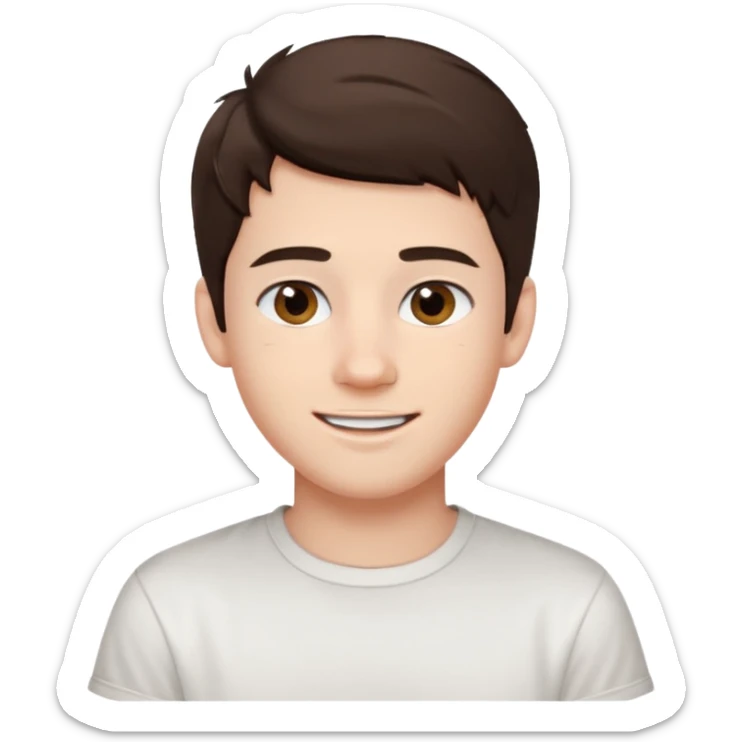 create an emoji of a teenage man, oval face, smile. he has an English look, very messy dark brown hair, dark brown eyes, pale skin, natural lips. he wears a short sleeve very white shirt sticker