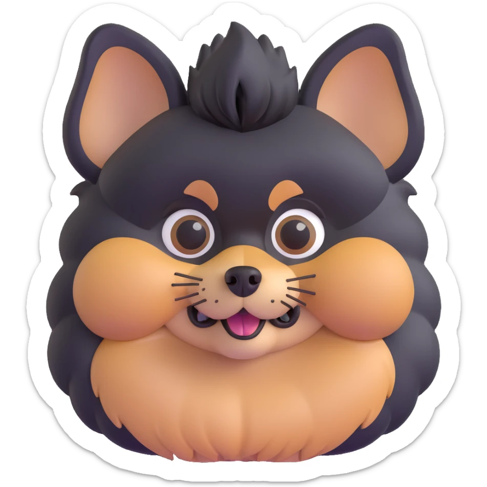 fluffy black and tan Pomeranian dog face, big dark eyes, black button nose, tan muzzle, tan eyebrow spots, thick fluffy fur, upright triangular ears with gray tips, friendly and cute sticker