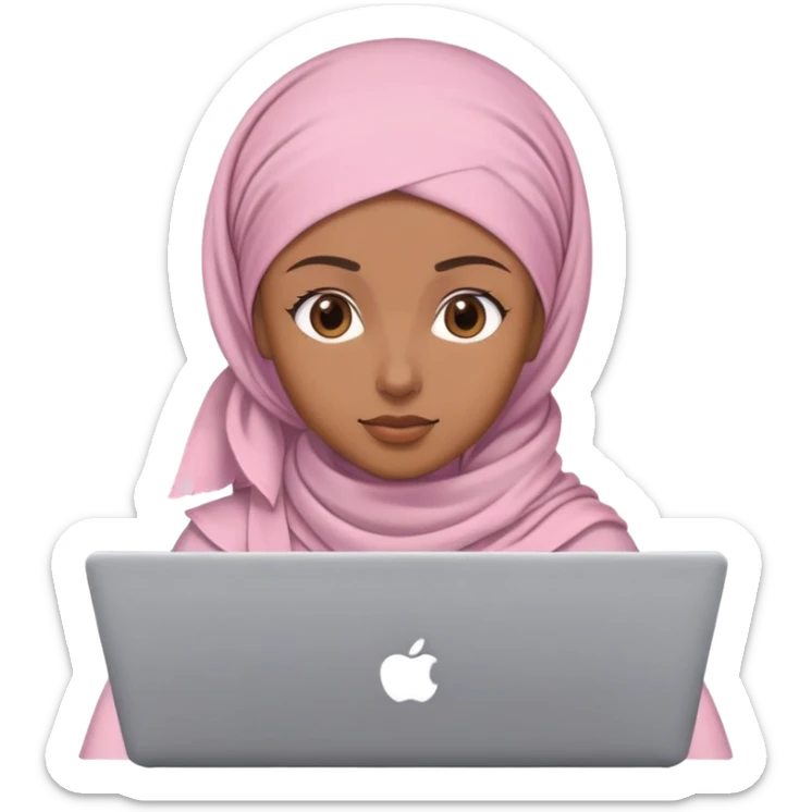 Light brown skin woman wearing loose light pink head scarf working behind laptop sticker