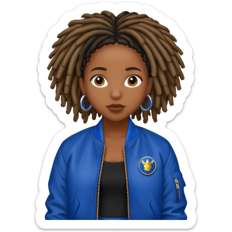 Black girl with locs in black dress and royal blue bomber jacket sticker
